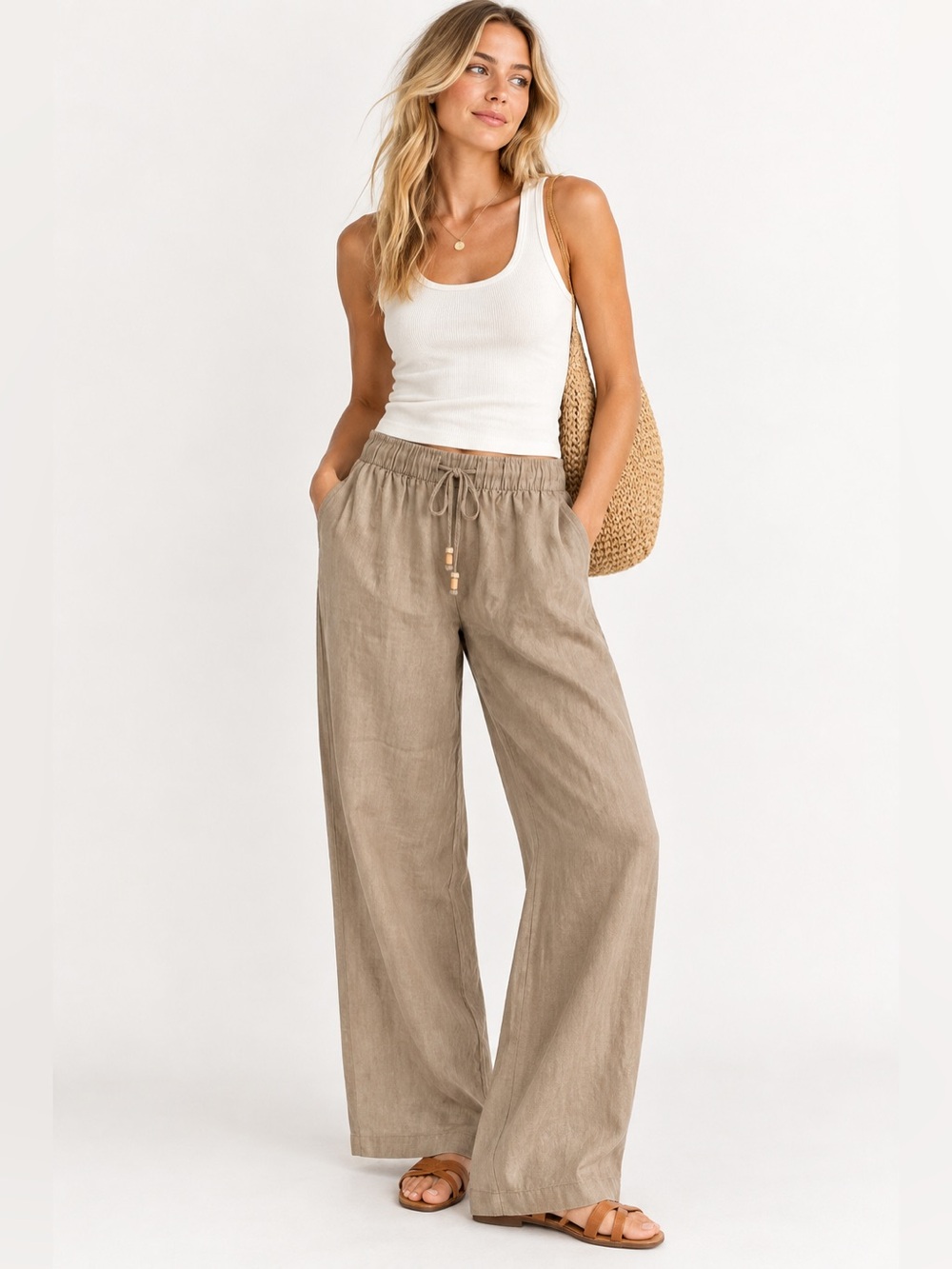 Zara Wide-Leg Linen-Blend Pants - Taupe Beige